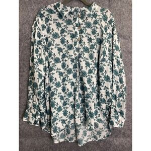 Cynthia Rowley 2X Teal Floral Linen Top Short Sleeve Lightweight Feminine